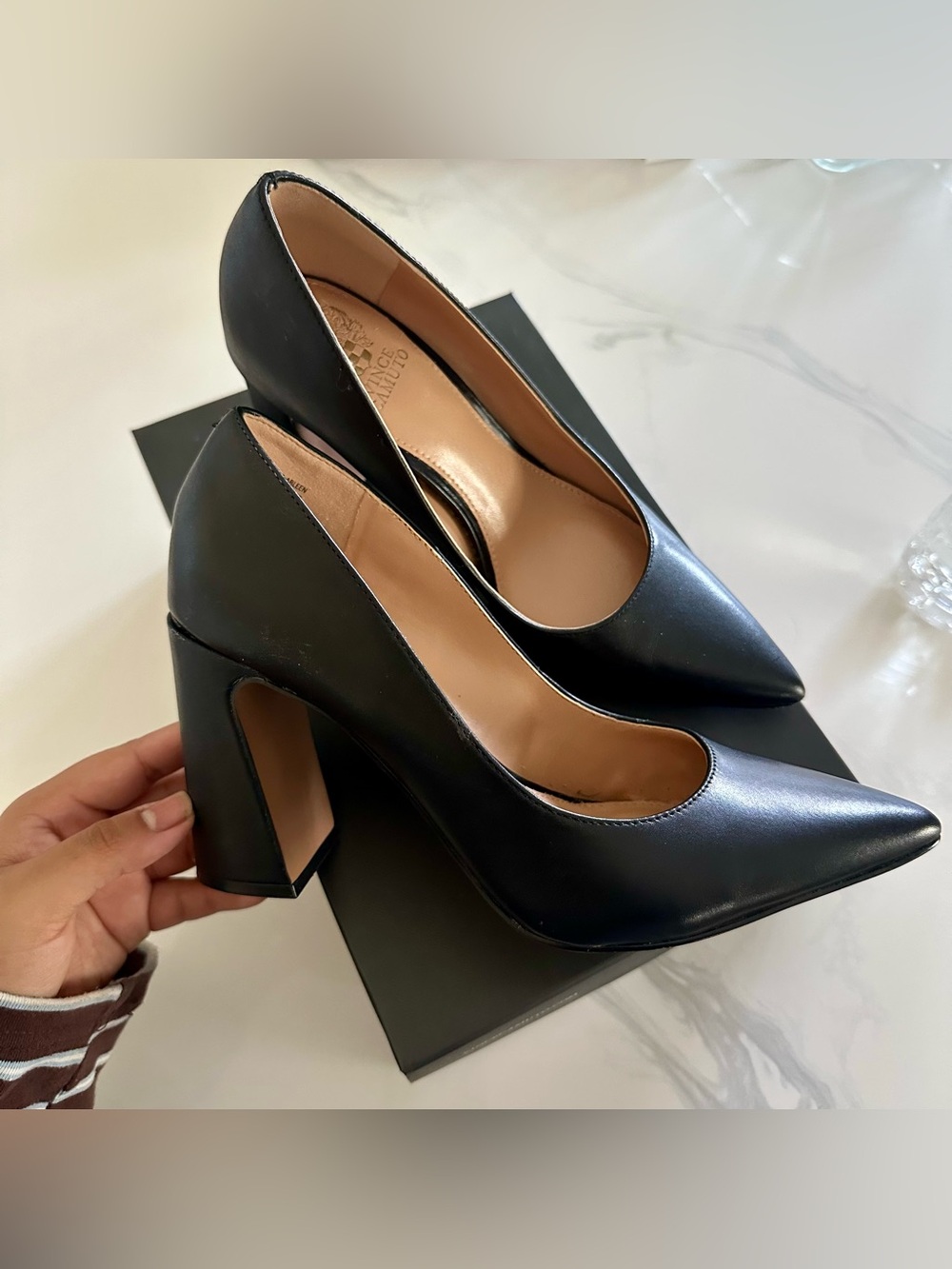 Black leather Vince Camuto pointy block heels